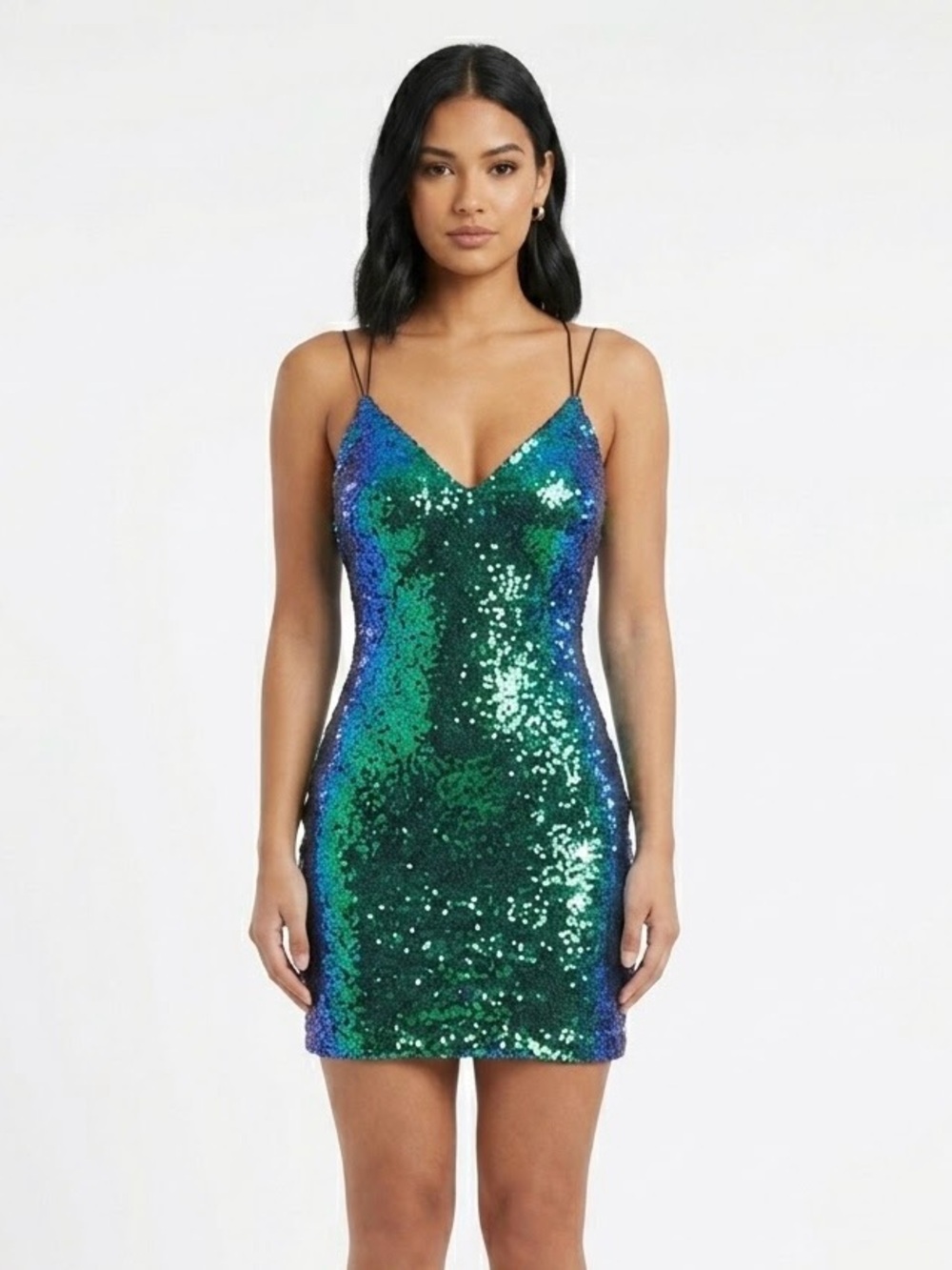 B Darlin Green Blue Iridescent Sequin Cami Bodycon Party Mini Dress Size M